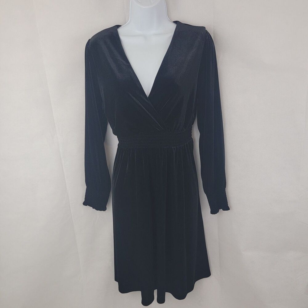 BRIGGS Womens Dress Sz SMALL Long Sleeve V Neck BLACK Velvet Holiday Witchy